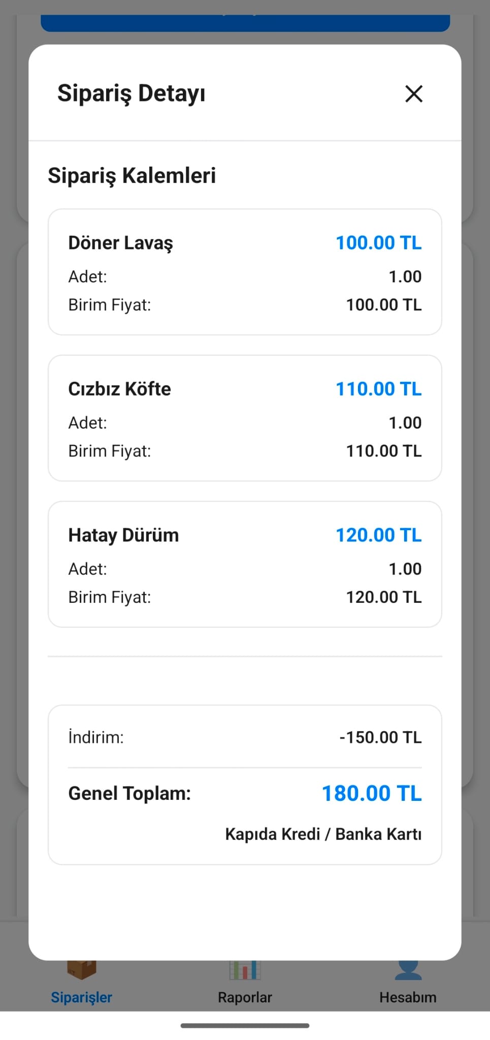 Sipariş Ürün Kalemleri ve Ödeme Tutar Özeti
