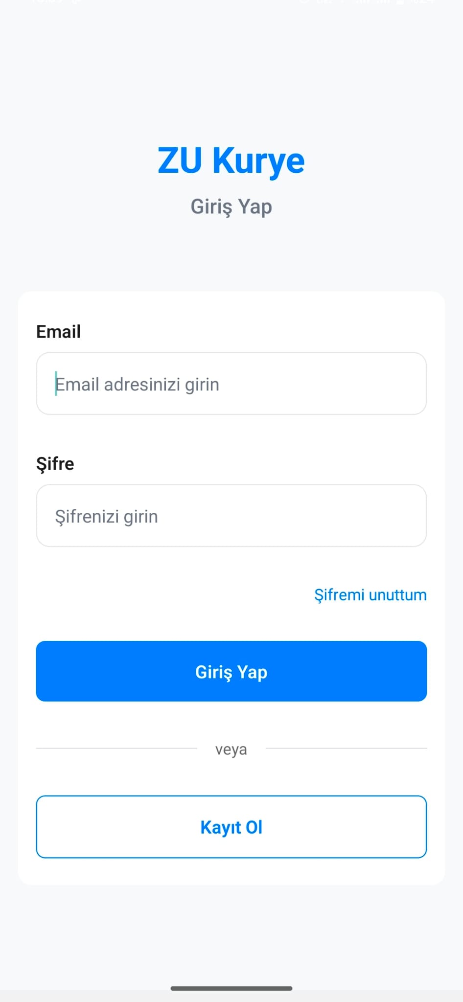 ZU Kurye Mobil Uygulama Giriş Ekranı
