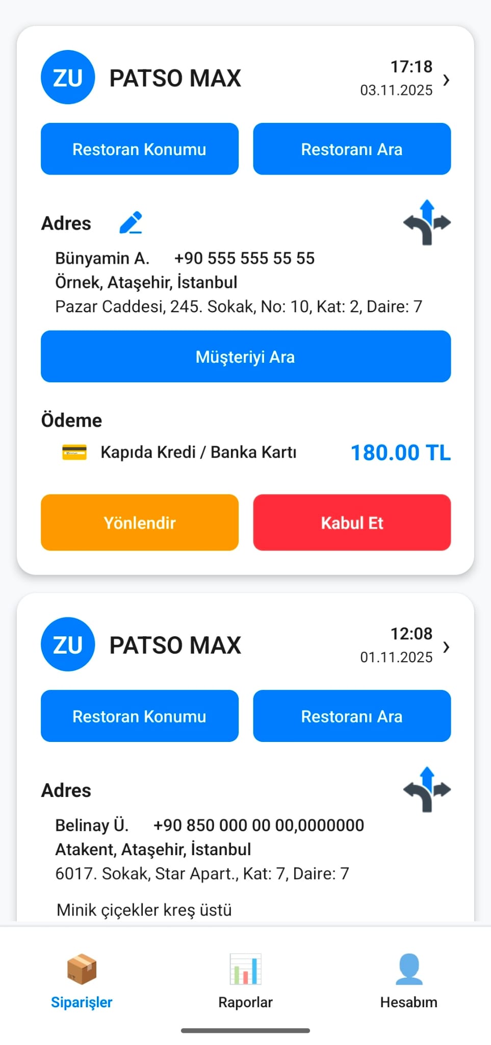 ZU Kurye Uygulaması Sipariş Listesi Arayüzü